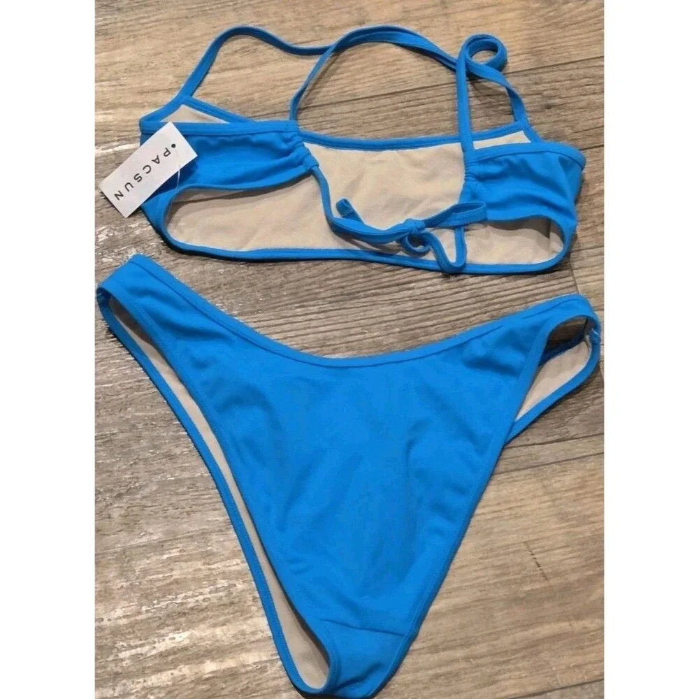 PacSun LA Hearts Bright Blue Bikini Set Bralette Top Size M, Cheeky Bottom L